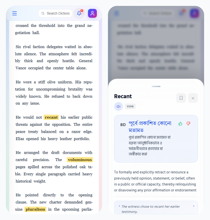 StoryVocabs-এর গল্প ও বাংলা অর্থ দেখার আসল স্ক্রিন